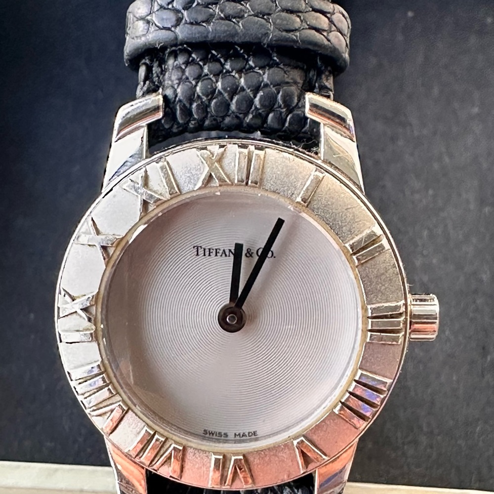 Tiffany & Co. Atlas Watch with Black Strap and Silver Case